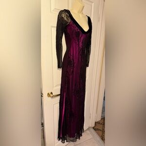 Elegant Black Lace Overlay Maxi Dress in Deep Plum
